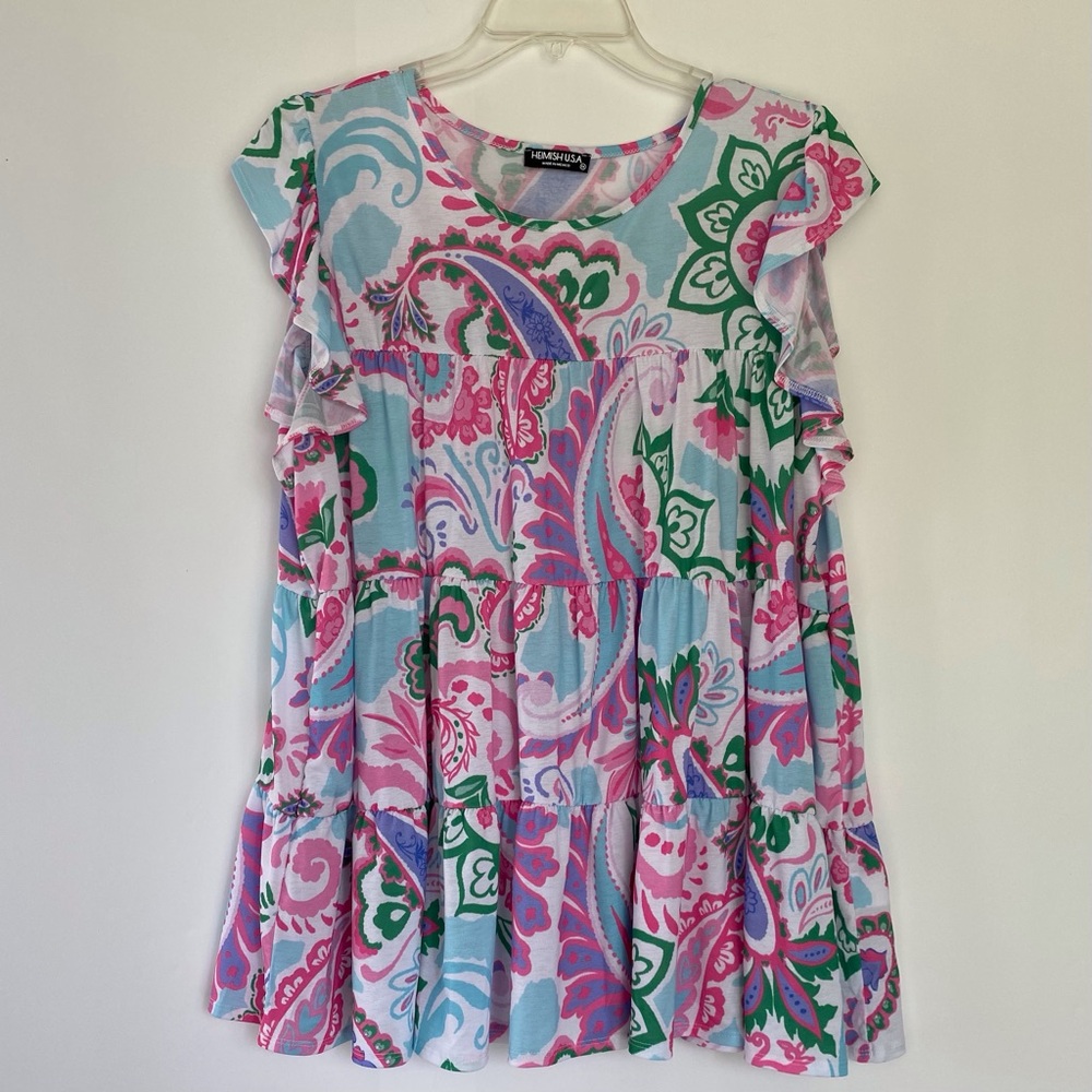 Heimish Pink and Blue Ruffled Tiered Sleeveless Top Size 1X